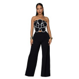 Fashion Floral Strapless Crop Top and Solid Straight Wide-Leg Pants 2PCS Set