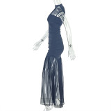 Solid Patchwork Sleeveless Ruched Bodycon Maxi Dress