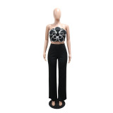 Fashion Floral Strapless Crop Top and Solid Straight Wide-Leg Pants 2PCS Set