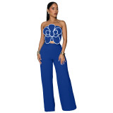 Fashion Floral Strapless Crop Top and Solid Straight Wide-Leg Pants 2PCS Set
