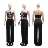 Fashion Floral Strapless Crop Top and Solid Straight Wide-Leg Pants 2PCS Set