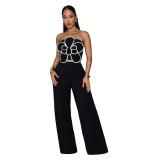 Fashion Floral Strapless Crop Top and Solid Straight Wide-Leg Pants 2PCS Set