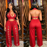 Trendy Eyelet Holes Loose Straight Wide-Leg Pants Set
