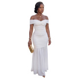 Fashion Solid Mesh Off Shoulder Twist Ruched Maxi Dress