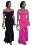Fashion Solid Mesh Off Shoulder Twist Ruched Maxi Dress