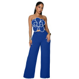 Fashion Floral Strapless Crop Top and Solid Straight Wide-Leg Pants 2PCS Set