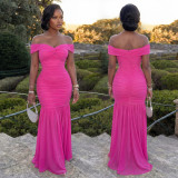 Fashion Solid Mesh Off Shoulder Twist Ruched Maxi Dress