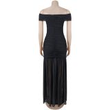 Fashion Solid Mesh Off Shoulder Twist Ruched Maxi Dress
