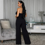 Fashion Floral Strapless Crop Top and Solid Straight Wide-Leg Pants 2PCS Set