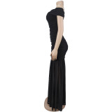 Fashion Solid Mesh Off Shoulder Twist Ruched Maxi Dress