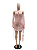 Sexy Mesh See-Through Halter Low Back Lace-Up Ruffle Dress