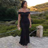 Fashion Solid Mesh Off Shoulder Twist Ruched Maxi Dress