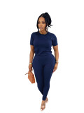 Women Short-Sleeve Top and Pants Simple Two-Piece Set