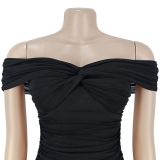 Fashion Solid Mesh Off Shoulder Twist Ruched Maxi Dress
