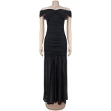 Fashion Solid Mesh Off Shoulder Twist Ruched Maxi Dress