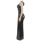 Metallic Sexy Halter Low Back Metal Trim Slit Maxi Dress