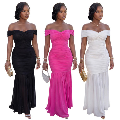 Fashion Solid Mesh Off Shoulder Twist Ruched Maxi Dress