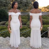 Fashion Solid Mesh Off Shoulder Twist Ruched Maxi Dress
