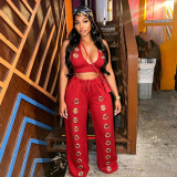 Trendy Eyelet Holes Loose Straight Wide-Leg Pants Set