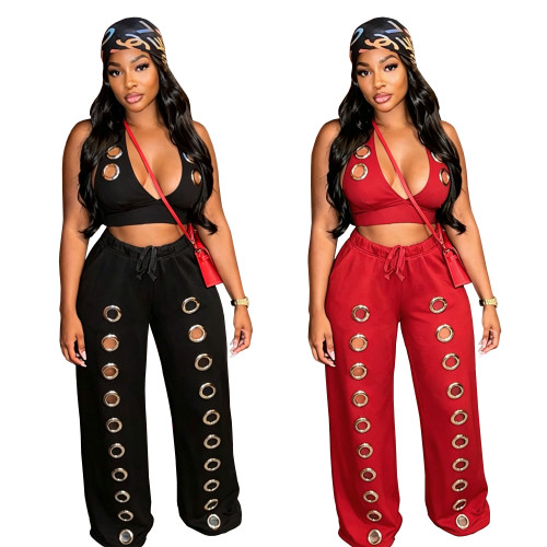 Trendy Eyelet Holes Loose Straight Wide-Leg Pants Set