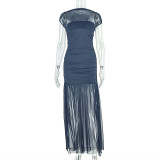 Solid Patchwork Sleeveless Ruched Bodycon Maxi Dress