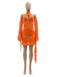 Sexy Mesh See-Through Halter Low Back Lace-Up Ruffle Dress