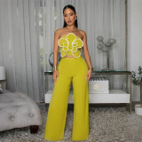 Fashion Floral Strapless Crop Top and Solid Straight Wide-Leg Pants 2PCS Set