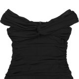Fashion Solid Mesh Off Shoulder Twist Ruched Maxi Dress