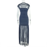 Solid Patchwork Sleeveless Ruched Bodycon Maxi Dress