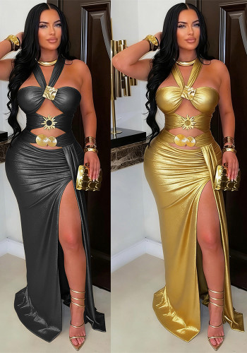 Metallic Sexy Halter Low Back Metal Trim Slit Maxi Dress