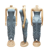 Solid Strapless Ruched Casual Bodycon Maxi Dress for Women