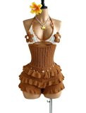Women Knitting Crochet Halter Low Back Lace-Up Hollow Out Ruffles Romper