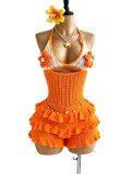 Women Knitting Crochet Halter Low Back Lace-Up Hollow Out Ruffles Romper