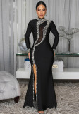 Black Rhinestone High Neck Long Sleeve Slit Evening Dress