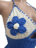 Women Knitting Crochet Halter Low Back Lace-Up Hollow Out Ruffles Romper