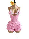 Women Knitting Crochet Halter Low Back Lace-Up Hollow Out Ruffles Romper