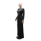 Black Rhinestone High Neck Long Sleeve Slit Evening Dress