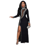 Black Rhinestone High Neck Long Sleeve Slit Evening Dress