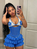 Women Knitting Crochet Halter Low Back Lace-Up Hollow Out Ruffles Romper