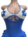 Women Knitting Crochet Halter Low Back Lace-Up Hollow Out Ruffles Romper