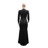 Black Rhinestone High Neck Long Sleeve Slit Evening Dress