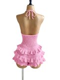 Women Knitting Crochet Halter Low Back Lace-Up Hollow Out Ruffles Romper