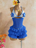 Women Knitting Crochet Halter Low Back Lace-Up Hollow Out Ruffles Romper