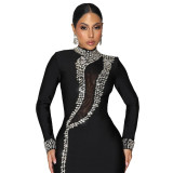 Black Rhinestone High Neck Long Sleeve Slit Evening Dress