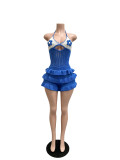 Women Knitting Crochet Halter Low Back Lace-Up Hollow Out Ruffles Romper