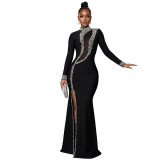 Black Rhinestone High Neck Long Sleeve Slit Evening Dress