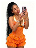 Women Knitting Crochet Halter Low Back Lace-Up Hollow Out Ruffles Romper