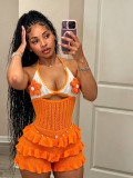 Women Knitting Crochet Halter Low Back Lace-Up Hollow Out Ruffles Romper