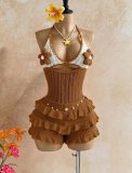 Women Knitting Crochet Halter Low Back Lace-Up Hollow Out Ruffles Romper