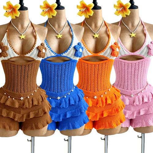 Women Knitting Crochet Halter Low Back Lace-Up Hollow Out Ruffles Romper